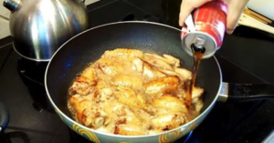 She shook a can of Coca Cola onto the chicken. After this, you will immediately go to the kitchen!